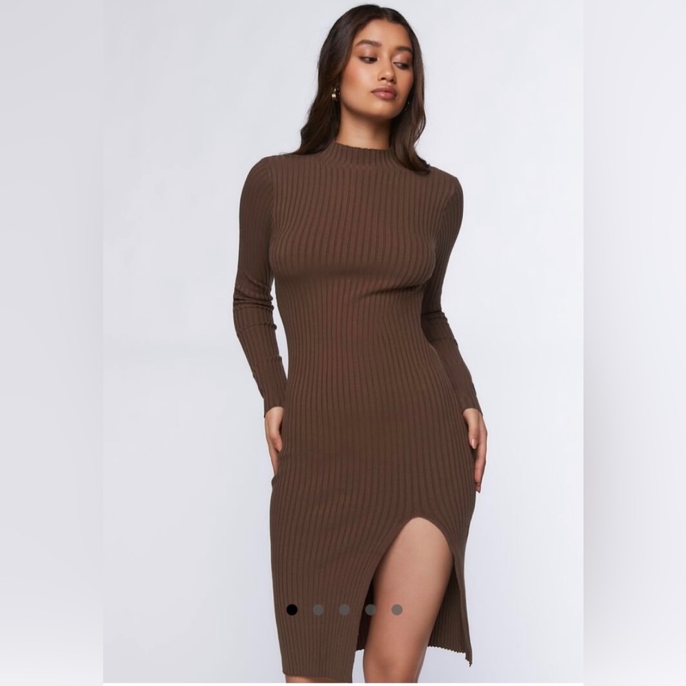 Forever 21 Brown ribbed knee length sweater dress with left slit